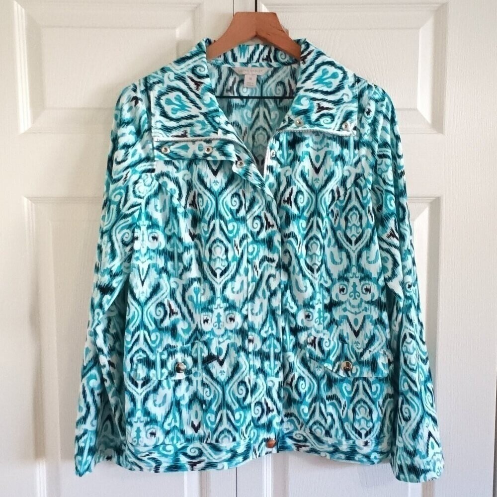 Laura Ashley Womens Jacket Teal White Damask Utility Zip Snap Size M Stretch